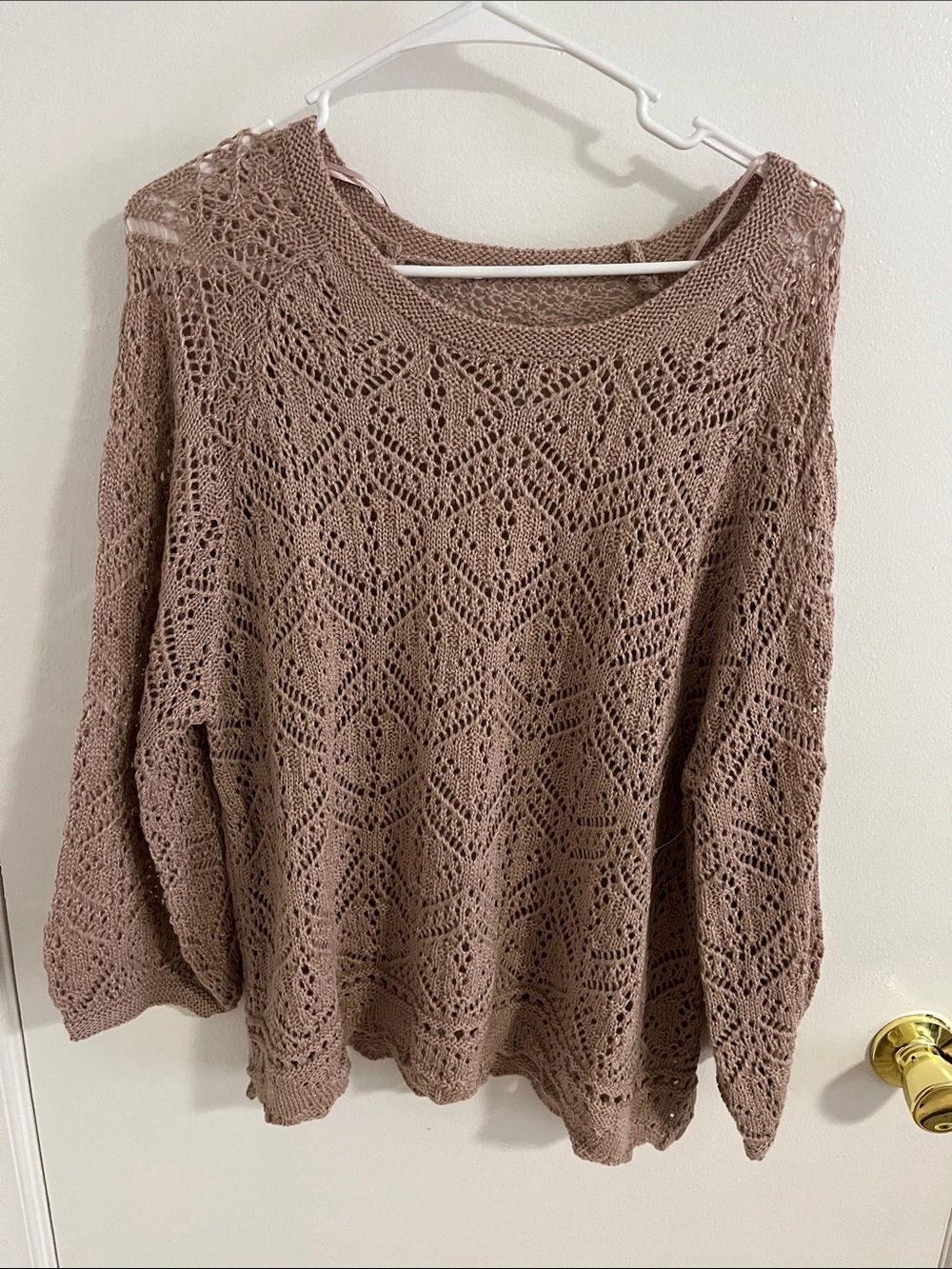 Open-Knit Crewneck Sweater in Mauve Taupe